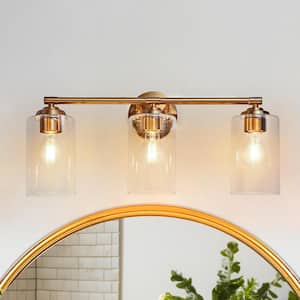 Modern 22.8 in. 3-Light Plated Brass Bathroom Vanity Light with Classic Cylinder Clear Glass Shade LED Compatible Sconce