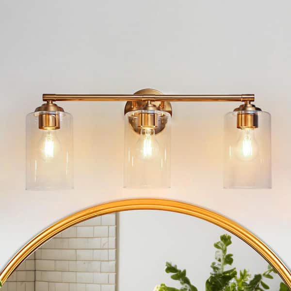 LNC Modern 22.8 in. 3-Light Plated Brass Bathroom Vanity Light with Classic Cylinder Clear Glass Shade LED Compatible Sconce