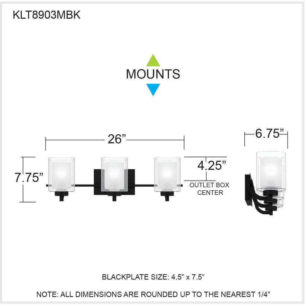 Matte Black 3-Light Vanity with Frosted Glass Shades