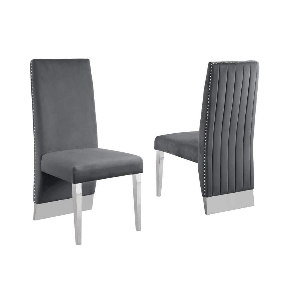 Dark Grey Velvet Upholstered Side Chair with Wood and Metal Frame
