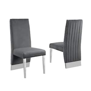 Omar Dark Gray Velvet Chrome Legs Dining Chairs (Set of 2)