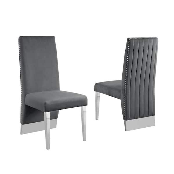 Best Quality Furniture Omar Dark Gray Velvet Chrome Legs Dining Chairs (Set of 2)