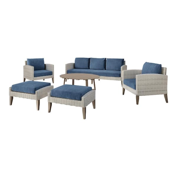 New Classic Furniture Carezza 6-Piece Wicker Patio Conversation Sofa Set with Blue Cushions