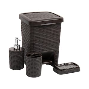 Basket Collection, 4 Piece Bath Accessory Set Wastepaper Basket, Toothbrush Holder, Soap Dispenser and Soap Dish, Brown