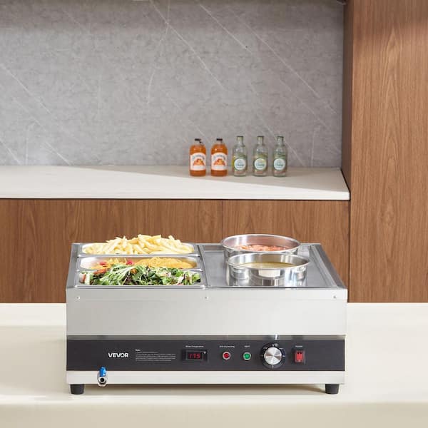 Electric Soup Warmer, Two 6.34 qt. Pots and Three 1/3 Pans, Stainless Steel Commercial Food Warmer with 86~185°F Temp