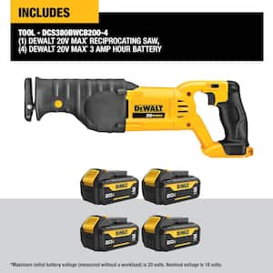 20-Vott Max Lithium-Ion Cordless Reciprocating Saw with (4) 20-Volt 3.0 Ah Max Premium Battery Packs