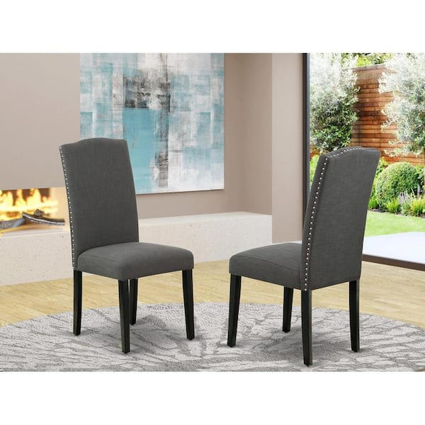 East West Furniture Black, Parson Dining Room Chairs - Nailhead Trim Dark Gotham Linen Fabric Padded Chairs, Set Of 2