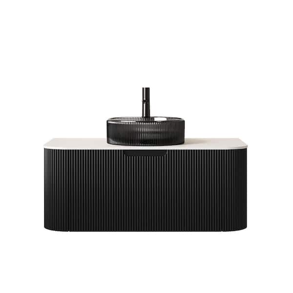 36 in. Wall-Mounted Black Bath Vanity with Carrara White Solid Surface Top Pre-Assembled