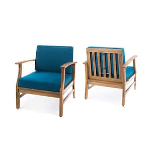 Perla Teak Finish Wood Outdoor Club Lounge Chairs with Blue Cushions (2-Pack)