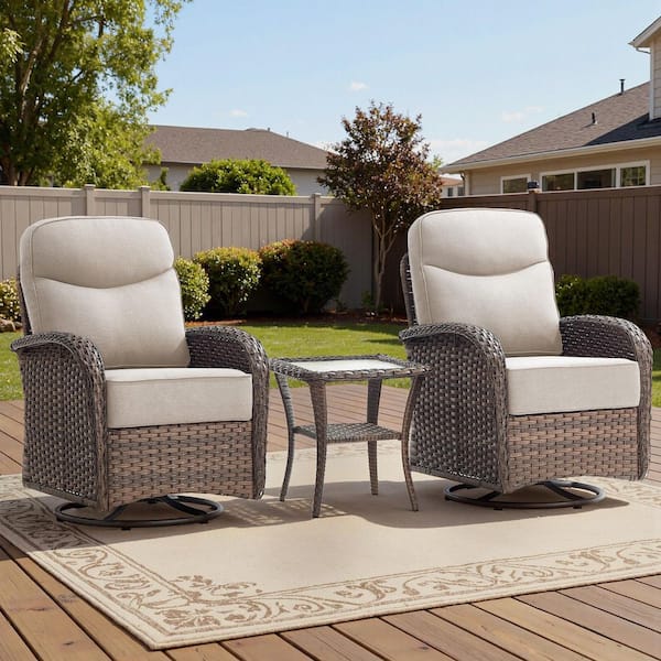 High Crescent 3-Piece Brown Wicker Patio Conversation Set with Beige Cushions
