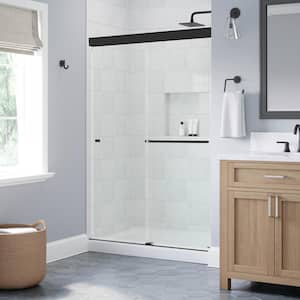 Portwood 48 in. W x 70-1/4 in. H Semi-Frameless Sliding Shower Door, Matte Black, 6 mm Clear Glass