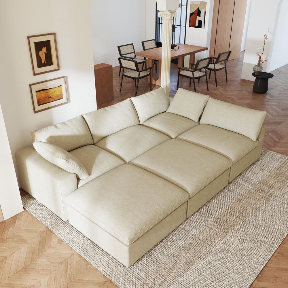 118 in. Modular Khaki Linen Down Filled Queen Size 4-Seat Sleeper Sofa Bed with Storage Ottomans, Washable Covers price history on PriceWatchPro