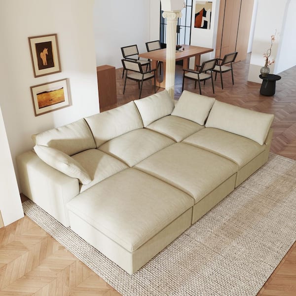 118 in. Modular Khaki Linen Down Filled Queen Size 4-Seat Sleeper Sofa Bed with Storage Ottomans, Washable Covers
