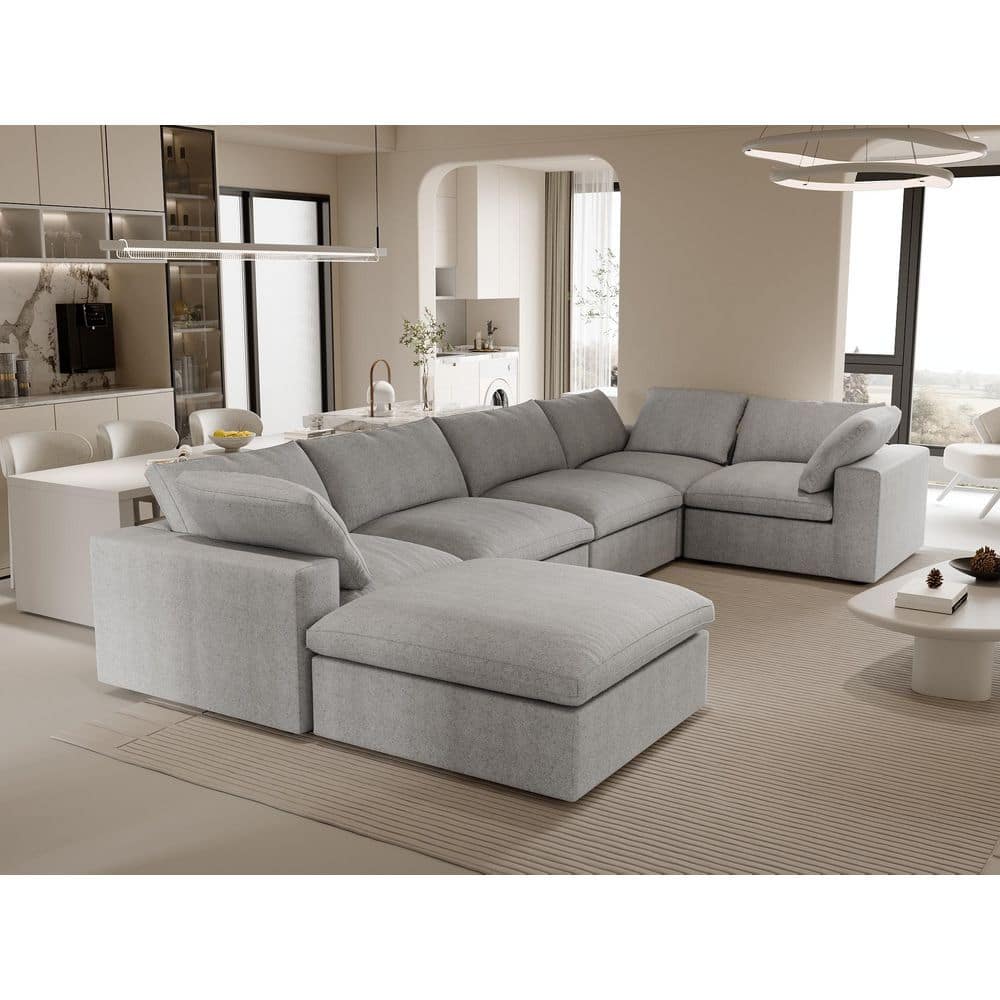 6-Piece 117.9 in. Square Arm Linen Modular Free Combination Sofa with Storage Ottoman in Gray