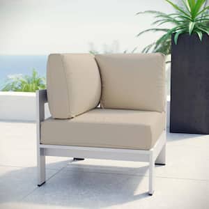 Shore Patio Aluminum Corner Outdoor Sectional Chair in Silver with Beige Cushions