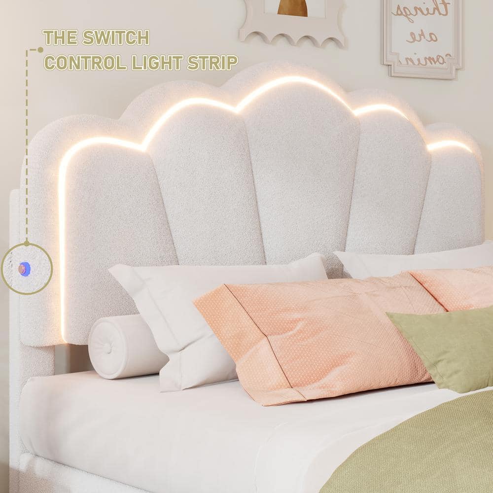 White Sherpa Fabric Upholstered Twin Platform Bed with LED Flower Headboard