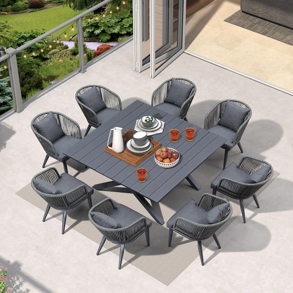 9-Piece All-Weather Wicker Outdoor Dining Set with Square Table All Aluminum and Grey Cushions for Garden Backyard Deck