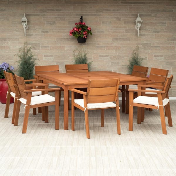 Atlantic Contemporary Lifestyle Nelson 9-Piece Square Eucalyptus Wood Patio Dining Set with Off-White Cushions