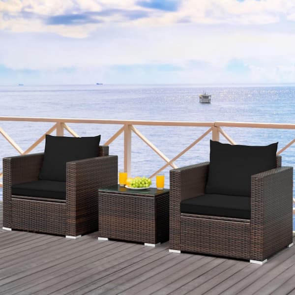 3-Piece Wicker Patio Conversation Set Rattan Furniture Set with Black Cushions