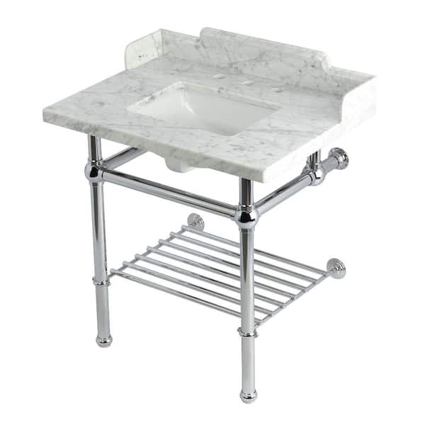 Kingston Brass Pemberton 30 in. Marble Console Sink with Brass Legs in Marble White Polished Chrome