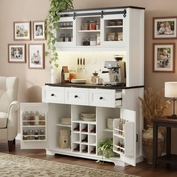 White Oak MDF Wood 47.25 in. W Kitchen Island Rustic Coffee Bar with with Internal Storage Rack and Wine Glasses Rack