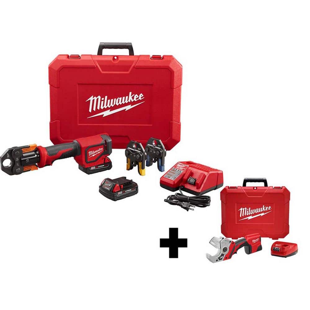 Milwaukee M18 18- volt Lithium-Ion Cordless Short Throw PEX Press Tool Kit with M12 PVC Shear Kit -  2674-22P-24