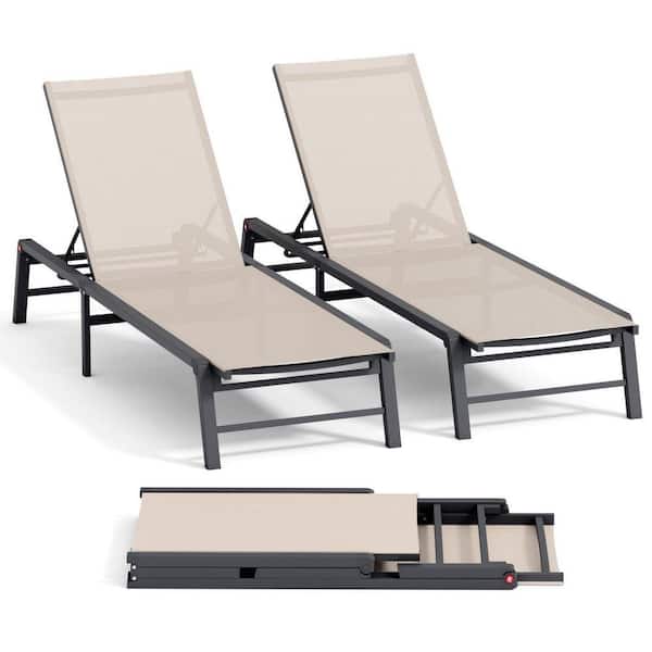 Assemble-Free Aluminum Outdoor Chaise Lounge, Patio Lounger with 5-Position Adjustable Backrest, Beige 2 Pieces