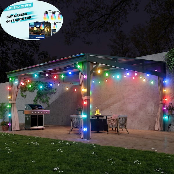 Vinelull 12 ft. x 14 ft. Aluminum Wall Mounted Hardtop Gazebo with Sloping Roof, Curtains, Netting, Lean to Pergola