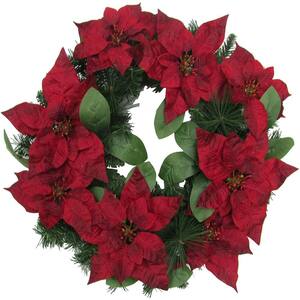 24 in. Artificial Christmas Wreath with Velvet Poinsettia Blooms and Leaves