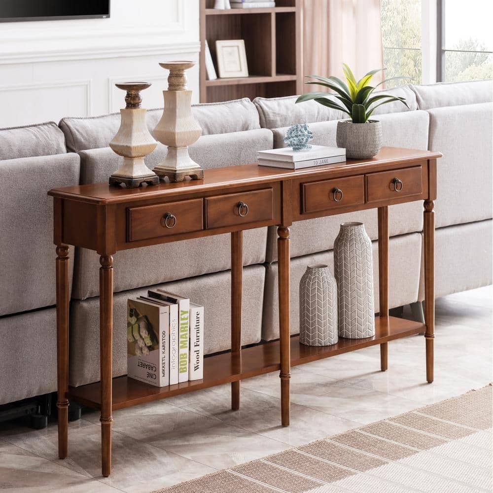 Pecan Wood Coastal Hall Console Table with Storage