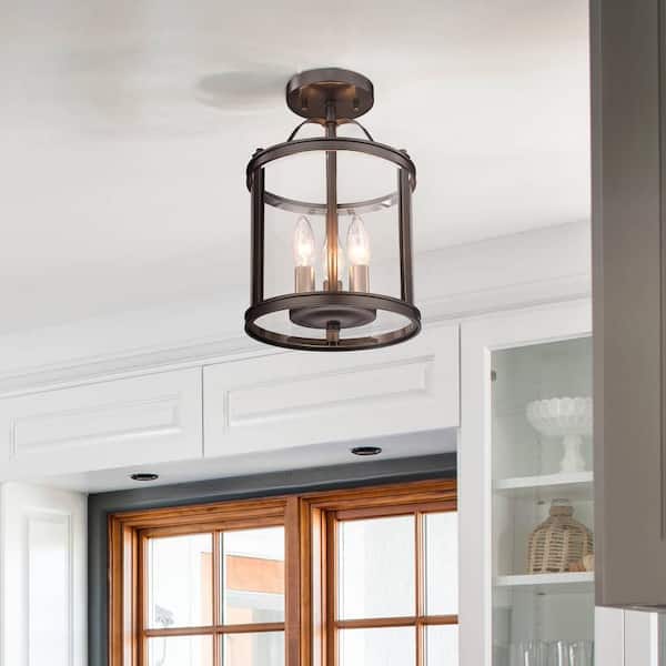 8.86 in. 3-Light Oil Rubbed Bronze Industrial Semi-Flush Mount Ceiling Light with Clear Glass Shade