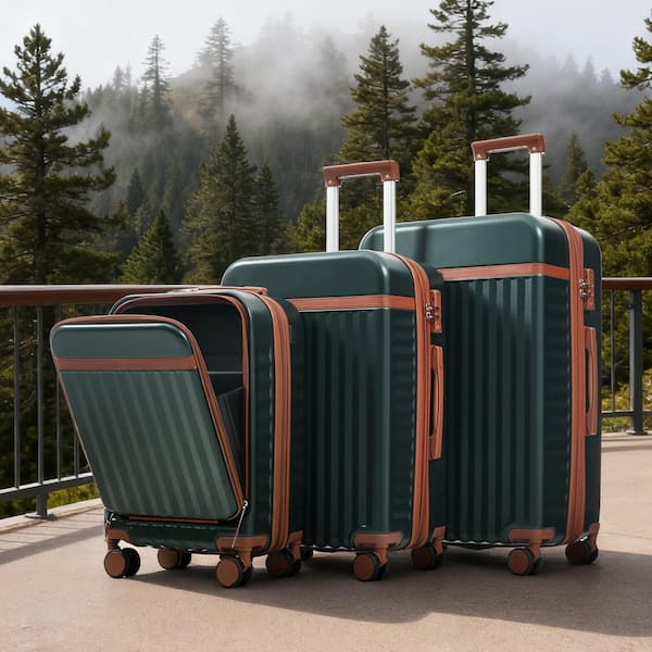 3 Bags 3-Piece Dark Green ABS Hardshell Spinner Expandable Luggage Set with TSA Lock, USB Port, Front Opening Design