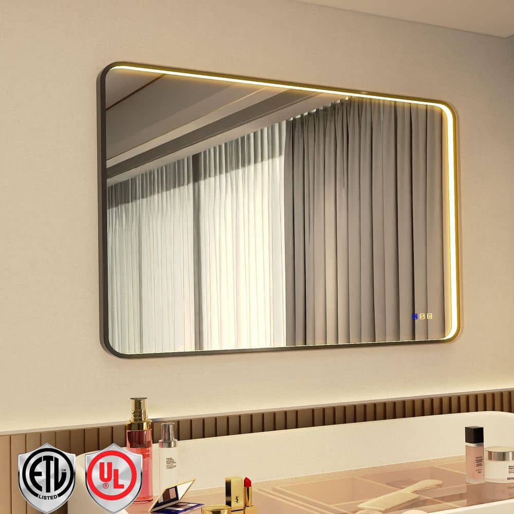 Framed Light 48 in. W x 32 in. H Rectangular Aluminum Framed Anti-Fog LED Bathroom Wall Mirror in Black price history on PriceWatchPro
