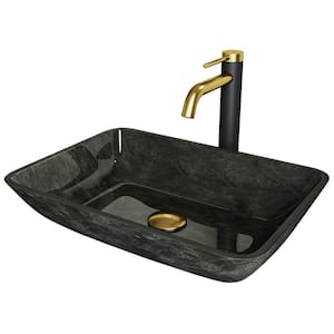 Glass Rectangular Vessel Bathroom Sink in Onyx Gray with Lexington Faucet and Pop-Up Drain in Matte Gold