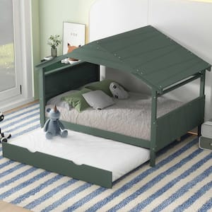 Green Wood Full Size House Platform Bed with Twin Size Trundle and Storage Shelf