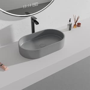 Concrete Vessel Sink Oval Bathroom Sink Art Basin in Mottled Bluish Grey with the Same Color Drainer