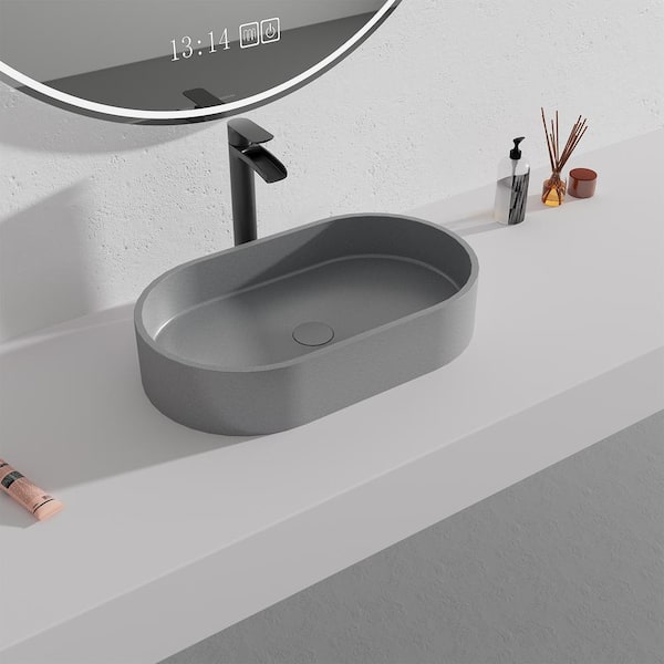 CASAINC Concrete Vessel Sink Oval Bathroom Sink Art Basin in Mottled Bluish Grey with the Same Color Drainer