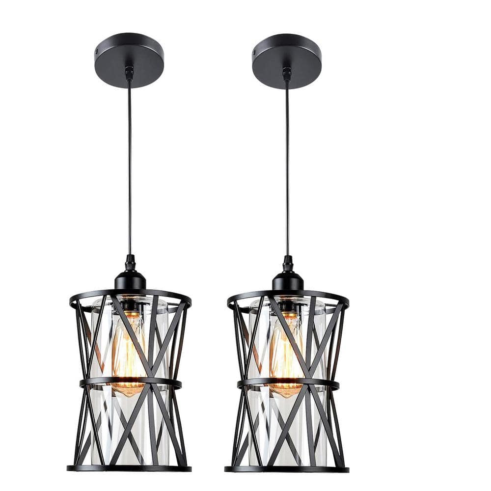 Black Metal Cage Mini Pendant Light with Clear Glass Shade