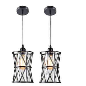 1-Light Black Industrial Style Cage Mini Adjustable Height Pendant Light with Metal Glass Shade (2-Pack)