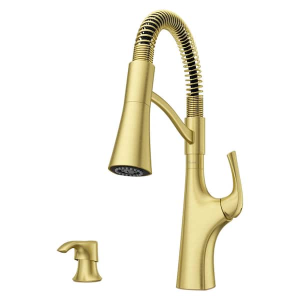 Pfister Ladera Culinary 1-Handle Pull Down Sprayer Kitchen Faucet with Deck Plate and Soap Dispenser in Brushed Gold