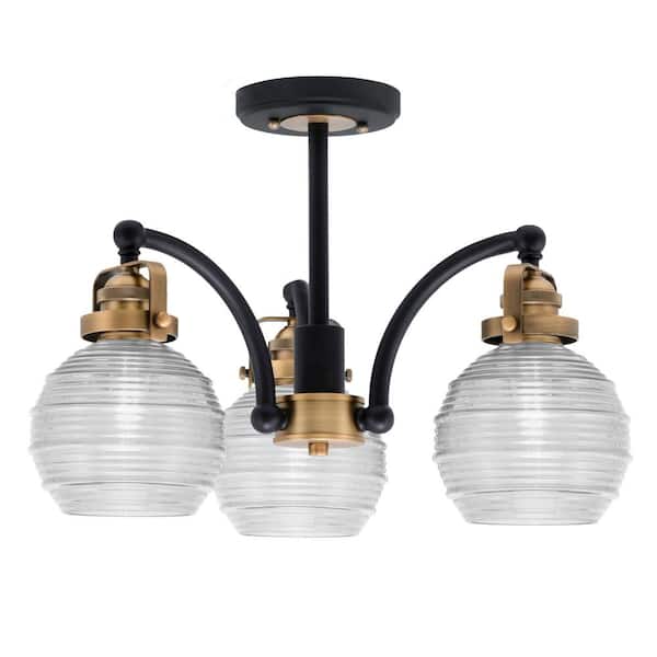 Unbranded Decatur 16.25 in. 3-Light Black and Brass Semi-Flush with 6 in. Clear Ribbed Glass Shade No Bulbs Included