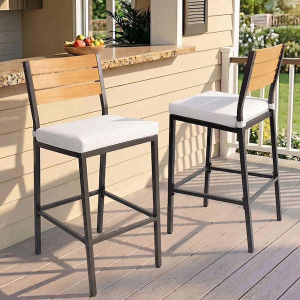 Metal Outdoor Bar Stool with Ergonomic Backrest Footrest and Removable White Cushions for Patio (2-Pack)