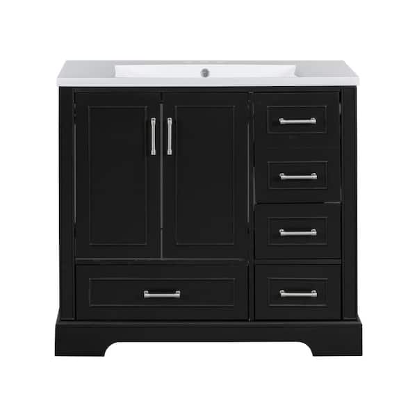 36 in. W x 18 in. D x 34 in. H Single Sink Freestanding Black Bath Vanity with White Resin Top