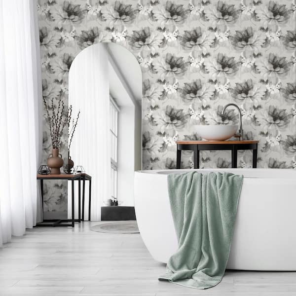Ash and Metallic Silver Watercolor Floral Vinyl Peel and Stick Wallpaper Roll 30.75 sq. ft.