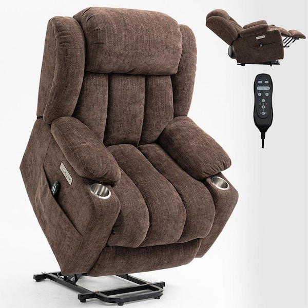 sumyeg 34.6 in. W Chenille Brown Power Lift Recliner Chair with Massage, Heating, USB and Type-C Ports and Cup Holders