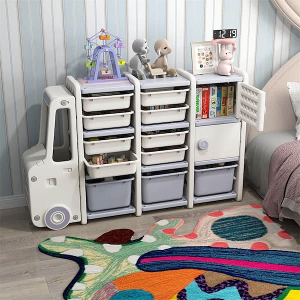 37 in. H x 58 in. W x 13.5 in. D Off-white Plastic Kids Toy Storage Organizer with 2 Cabinets and 11 Removable Bins