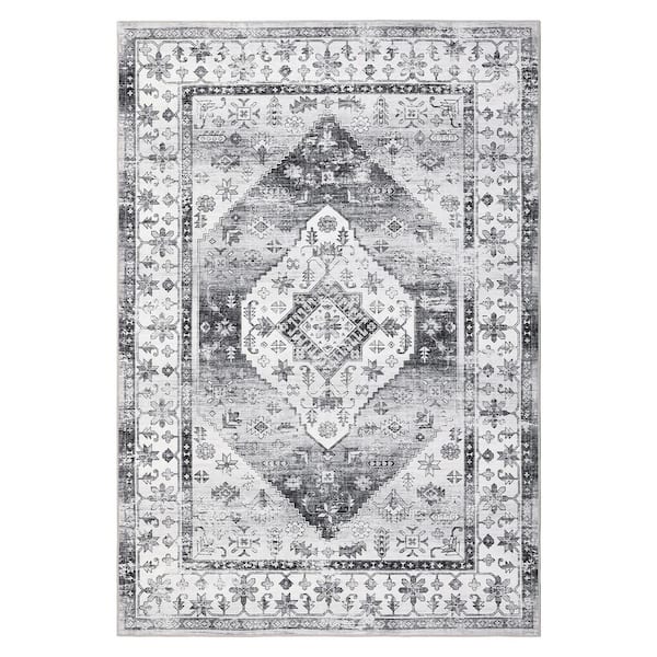 Garvee Vintage Carpet Gray 9 ft.x12 ft. Machine Washable Printed Deferred Short Pile Non-Slip Rug Soft Foldable Indoor Area Rug