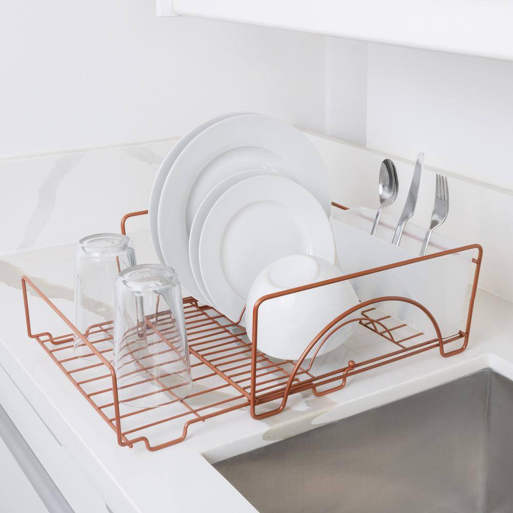 Rose Gold Expandable Metal Dish Drainer with Utensil Cup