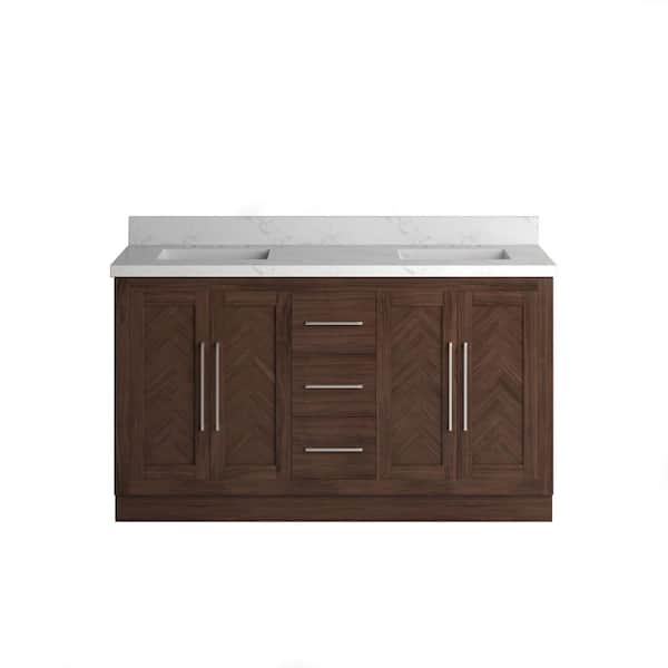 Vivian 60 in. Double Freestanding Bath Vanity in Dark Oak with Statuario Venato Marble Quartz Top and Square Sinks