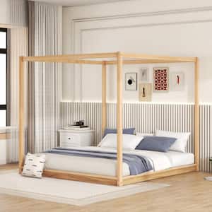 Natural(Brown) Wood Frame King Size Canopy Bed with Support Legs